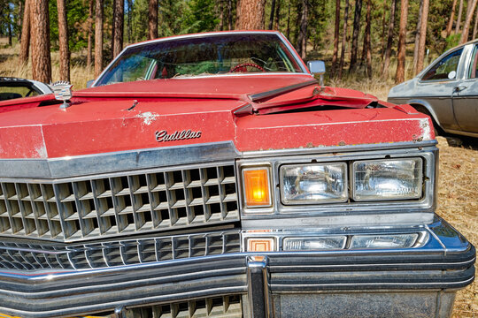 Oregon, USA - September 11, 2025: The driver side headlights and grille of a classic 1976 Cadillac in a scrapyard