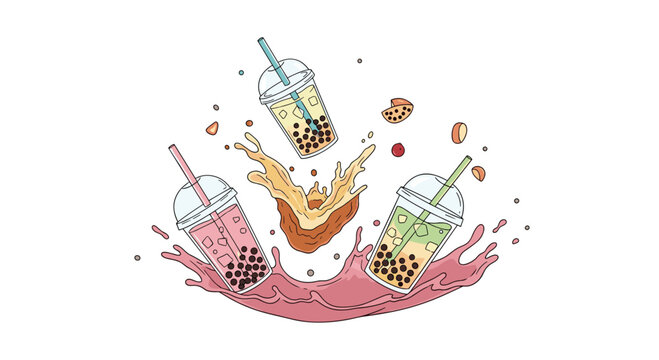 Dynamic illustration of three colorful bubble tea cups in green, pink, and yellow with liquid splashes and tapioca pearls floating in air.