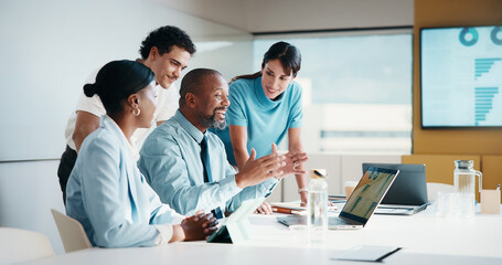 Fototapeta premium Laptop, discussion and business people in office with planning for finance report with budget. Tech, meeting and financial advisors with manager with computer for investment proposal in workplace.