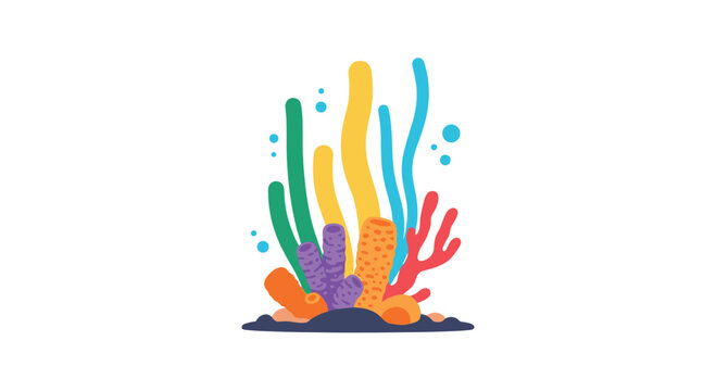 Vibrant coral reef illustration featuring colorful sea sponges, brain corals, and swaying seaweeds in an underwater marine environment.