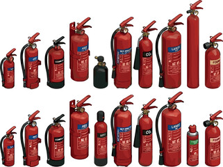 Obraz premium Red Fire Extinguisher Vector Set featuring Various Sizes of Compressed Gas Tanks Cylinders and Safety Equipment for Emergency Protection Emergency Prevention Designs