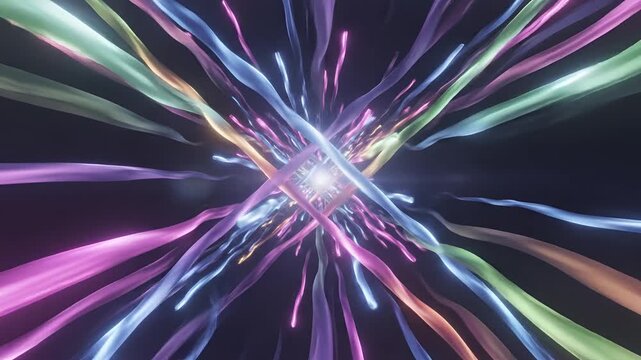 Abstract Neon Light Trails Exploding from Center.