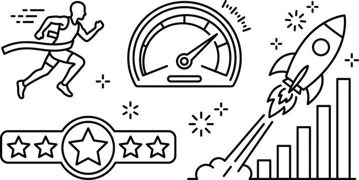 Business startup acceleration speed performance and growth line icons set with rocket runner gauge and championship belt concept