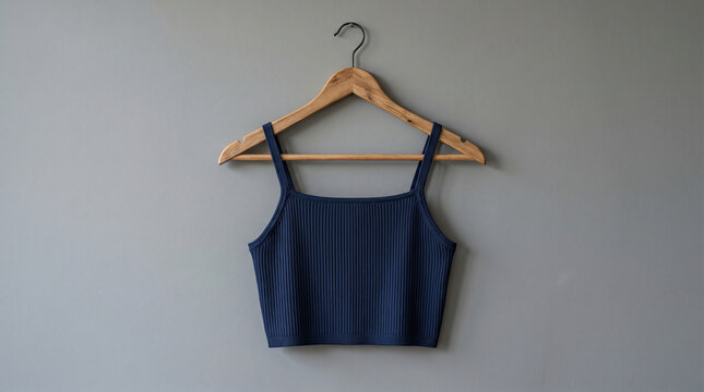 A navy blue strapless top hangs on a wooden hanger against a gray wall.