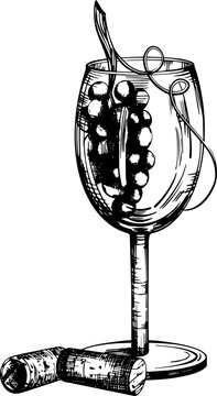 Black and white composition: a wine glass with a bunch of dark grapes inside, and wine corks lying nearby. Vector illustration lineart. Outline drawing for engraving and menu design