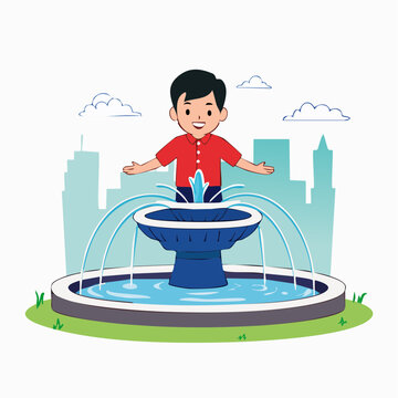 Boy Playing in a City Fountain