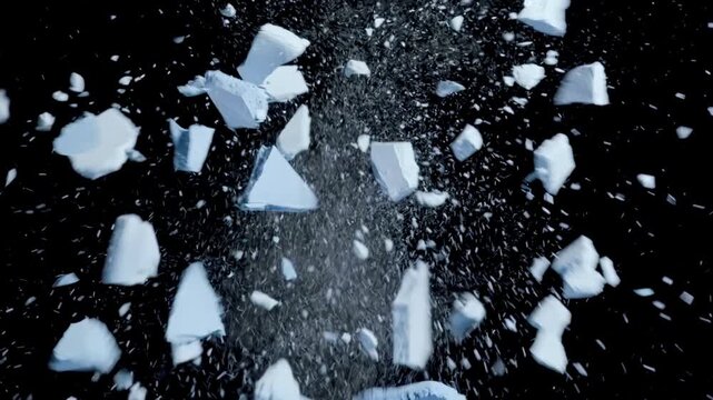 High-magnification close-up slow-motion of two pale blue pressed powders colliding and smashing on a plain black background | Ad idea for eyeshadow