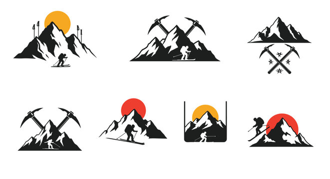 Collection of mountain logos showing silhouettes of peaks, sun, skiers, and crossed ice axes for outdoor and adventure brands.