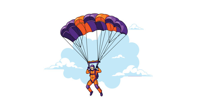 Adventurous skydiver in an orange suit descending through the blue sky with a large orange and purple parachute open above.