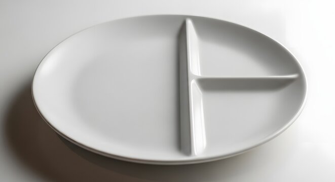 Minimalist white ceramic plate with three sections, divided for portion control, on a plain surface