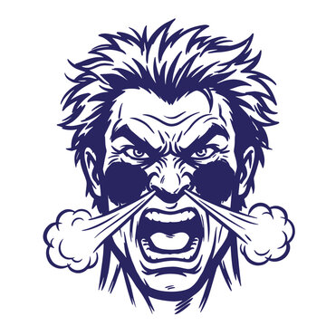 Furious man with steam coming out of nostrils shouting angrily facial expression shouting nostrils aggression frustration illustration exasperation outburst stylized pressure