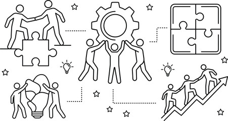 Fototapeta premium Business teamwork and partnership outline icon set with jigsaw puzzle gear lightbulb and graph growth arrow vector illustration