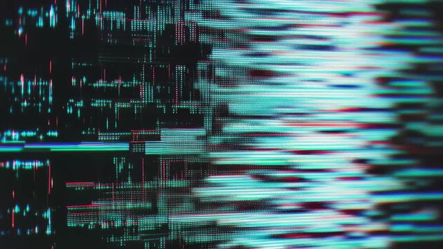 Glitch code appears on computer screen showing distorted data and random characters during programming analysis in a dark room with low light