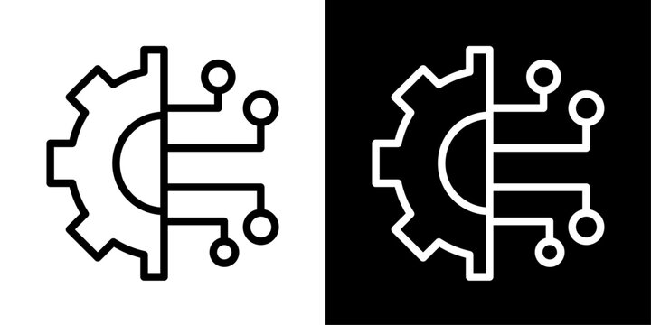 Deep learning icon in outline style featuring gear and circuit elements representing artificial intelligence, automation, neural processing, and smart technology systems.
