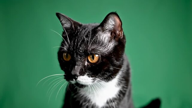 Portrait of a black and white tuxedo cat with bright orange eyes sitting in front of a solid green background, looking to the side with long white whiskers and a white chest patch.
