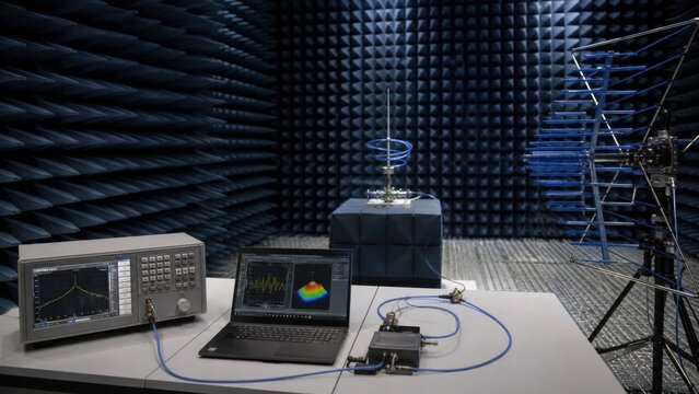 Setup for measuring antenna performance in an anechoic chamber during a research session involving signal analysis and testing