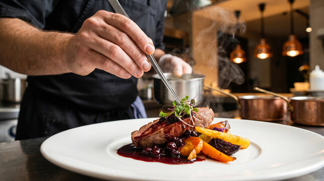 Professional chef carefully plating an elegant gourmet dish in a luxury restaurant kitchen.