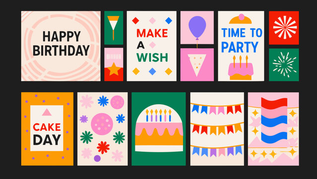birthday greeting card suite with colorful geometric designs