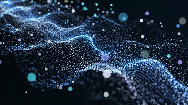 Wavy diagonal flow of blue and white glowing particles and dots against a dark background featuring soft bokeh light circles, shallow depth of field, and digital energy motion.