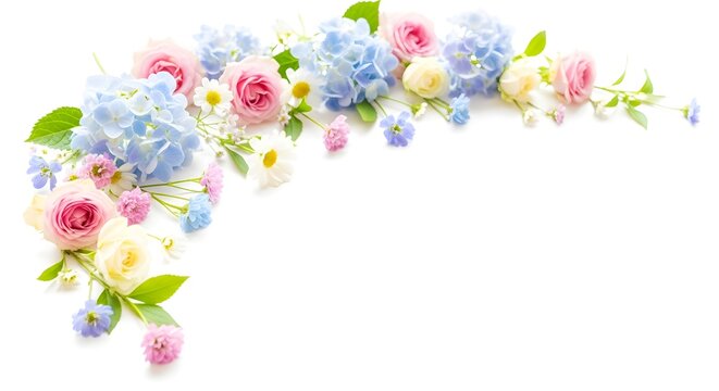 Delicate arch of pastel flowers with soft pink roses, blue hydrangeas, and white blossoms on a white background