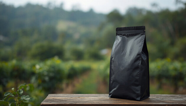 Black Coffee Bag Packaging on Wooden Table with Vineyard Background, copy space, banner, and mockup