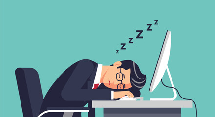 Obraz premium Business professional sleeping at his office desk over a computer keyboard, symbolizing exhaustion, burnout, or lack of energy.