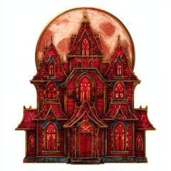 Fototapeta premium Gothic Manor Under Crimson Moon: An eerie, ornate gothic manor, illuminated from within, stands silhouetted against a large, textured crimson moon, evoking a sense of mystery and the supernatural.