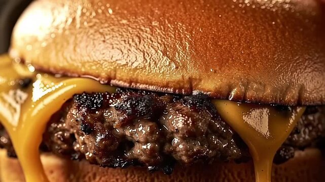 Delicious closeup of a juicy cheeseburger with melted cheese dripping.