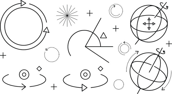 Abstract geometry math physics rotation concept vector illustration featuring spheres coordinates degrees axes angle arcs and circular process arrows