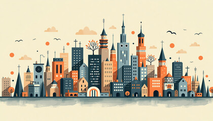 Obraz premium Colorful urban cityscape with diverse architecture in a flat design style