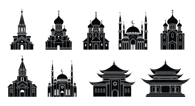 Collection of religious building silhouettes includes diverse architectural styles such as orthodox churches, mosques, synagogues, and pagodas.
