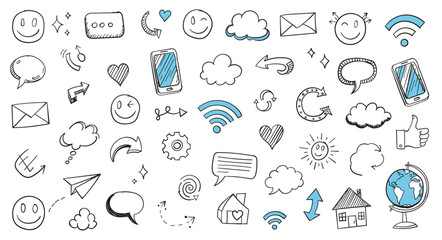 Hand drawn doodle icons set for social media, internet, and communication. Features emojis, chat bubbles, mobile phones, Wi-Fi, email, arrows, and clouds. Ideal for web, app, and digital design. © Hand Made Doodle