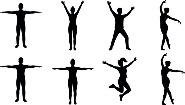 Dynamic People Silhouette Set Featuring Dancing Jumping and Standing Poses for Fitness Sports and Celebration Vector Design Elements