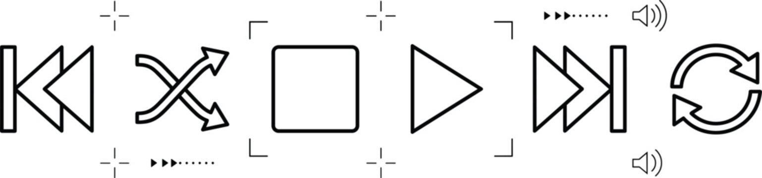 Audio media player controller playback buttons line art icon set featuring play stop rewind forward repeat shuffle vector