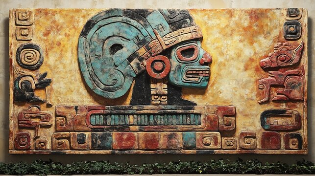 Straight on Maya mural painting featuring traditional relief carvings, turquoise headpiece and ancient stone textures. Mexican history backdrop.