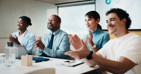 Applause, team and business people with smile at workshop, recognition and positive panel feedback....