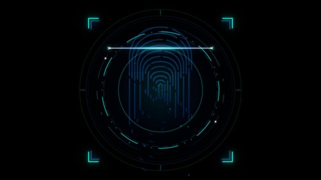 Detailed blue digital fingerprint scan with futuristic targeting frame and progress bar on dark background