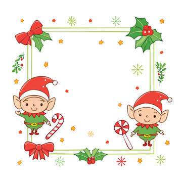 Cute Christmas Elves Border with Festive Decorations
