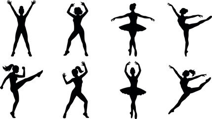 Graceful Ballet and Active Fitness Women Silhouette Set Featuring Ballerinas Gymnasts and Dancing Performers Vector Design Elements © DabashChandra