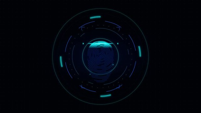 Futuristic digital fingerprint scan interface with glowing blue biometric identification technology on dark background
