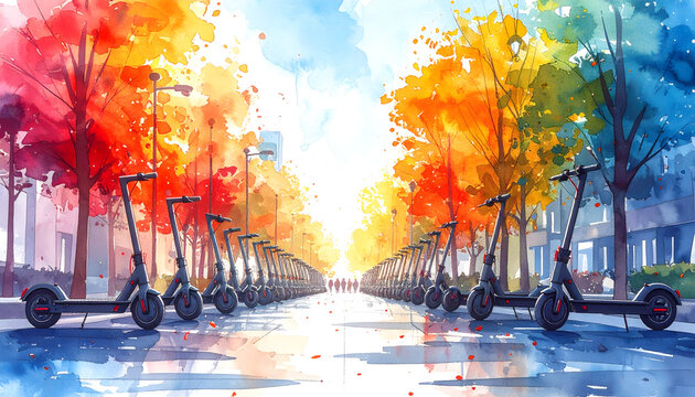 Electric scooters community sharing program illustration providing urban mobility solutions in shared spaces creating helpful friendly collaborative local neighborhood vibes generative AI