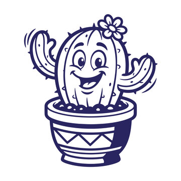 Cheerful cartoon cactus character with raised arms in decorated pot blue ink style illustration of a smiling potted succulent arms up geometric pattern line art
