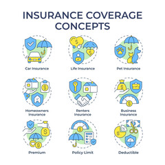 Fototapeta premium Insurance coverage multi color concept icons. Personal finance safety. Risk mitigation strategies. Icon pack. Vector images. Round shape illustrations for booklet, promotional material. Abstract idea