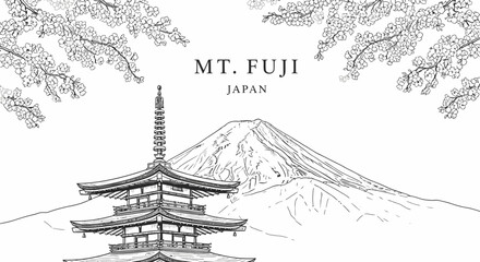Detailed line art illustration of Mount Fuji and a traditional Japanese pagoda with cherry blossoms, representing a classic Japanese landscape. © Julian Vance