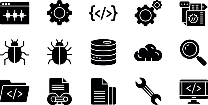 Web engineering solid vector icons featuring data cloud storage application programming interface search optimization and maintenance tools