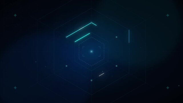 Minimalist dark blue hexagonal grid overlay with glowing cyan geometric shapes and subtle digital