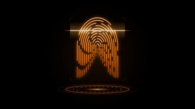 Orange glowing fingerprint scan with digital interface and dark background for security and identity concepts