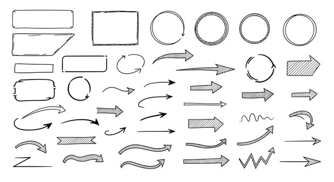 Extensive collection of hand drawn sketchy elements including arrows, circles, rectangles, and decorative banners.