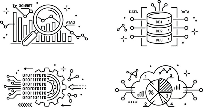 Big data analytics database hosting server and cloud computing processing line icons set for business technology information concept