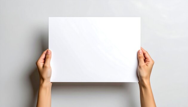 Large Empty Poster Held by Hands Over Neutral Backdrop for Text Placement, Branding and Advertising Mockup Concept